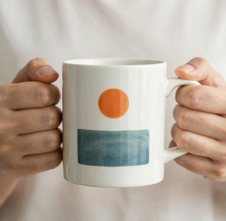 Detailed close-up of a custom ceramic mug held in hands, sharp print detail of a minimalist graphic, bright neutral background.