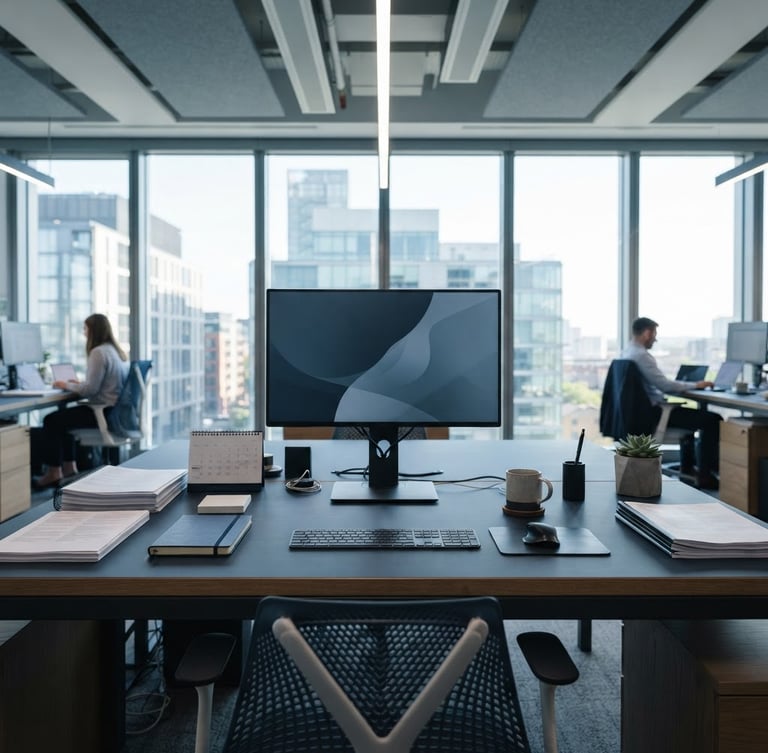 Symmetrical wide shot of a clean, modern corporate office desk with organized documents, cool blue and slate tones, natural light, sharp focus, 35mm