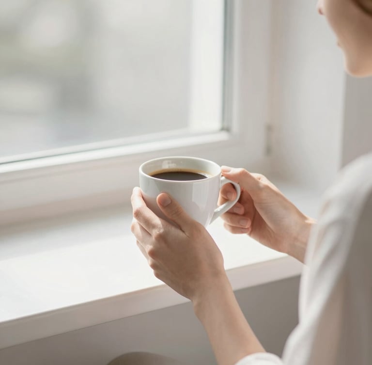 A person relaxing on a bright morning, drinking coffee by a sunlit window, shallow depth of field, soft desaturated tones