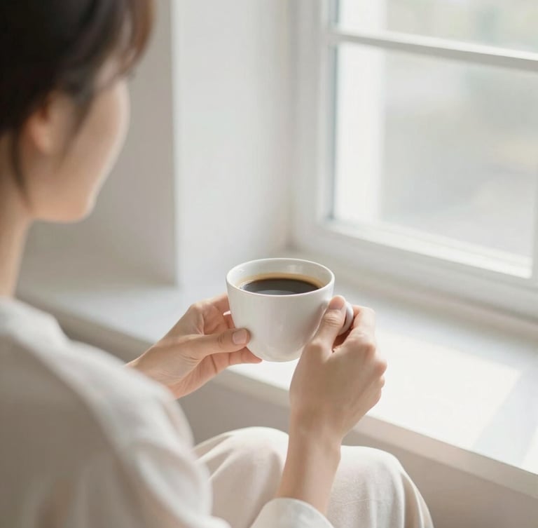 A person relaxing on a bright morning, sipping coffee near a sunlit window, clean minimalist setting, soft desaturated tones, shallow depth of field.