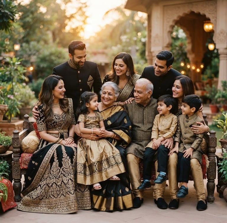 Warm environmental portrait of a multi-generational Indian family in elegant coordinated gold and black attire, soft golden-hour natural light, shallow depth of field, 35mm