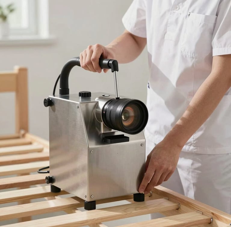 Professional technician in a clean white uniform using a modern stainless steel steam machine on a wooden bed frame, bright natural light, clinical hygiene.