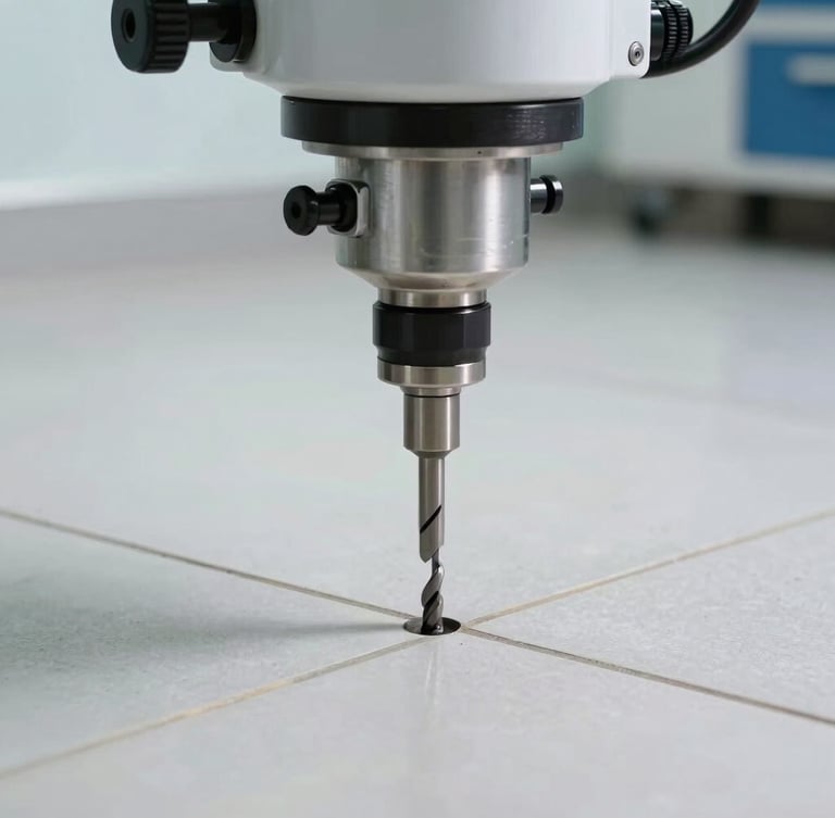 Close-up of technical drilling machinery making precise 12mm holes in floor joints for chemical injection, pristine clean modern tiled floor, clinical lighting
