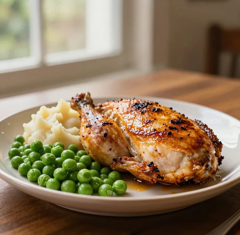 Eye-level medium shot of a golden-brown roasted chicken breast with mashed potatoes and bright green peas on a warm ceramic plate, bathed in soft Florida afternoon window light.