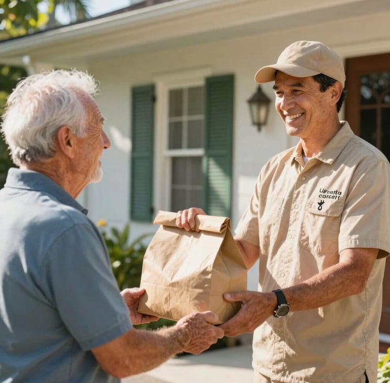 A friendly delivery driver in a warm climate uniform handing a fresh meal package to a smiling senior on a sunny Florida front porch, bright natural sunshine.