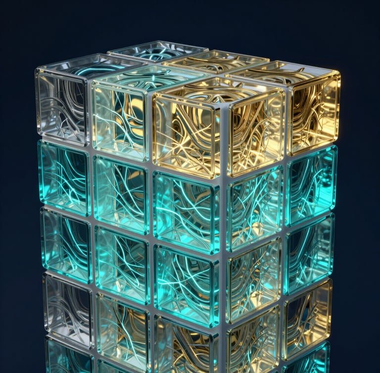 Ultra-realistic 3D render of structured glass blocks with glowing electric cyan light paths reflecting off gold metallic grids, dark midnight blue background, octane render