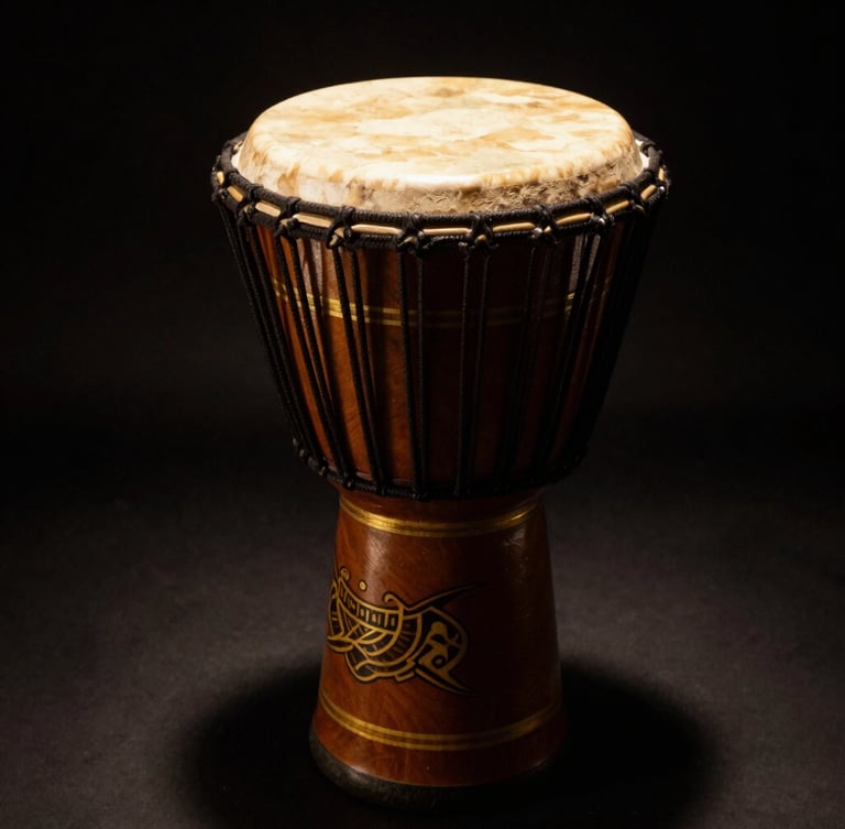 A close-up of a traditional gold-accented Atumpan talking drum in dramatic low-key lighting, rich black background, museum-quality presentation