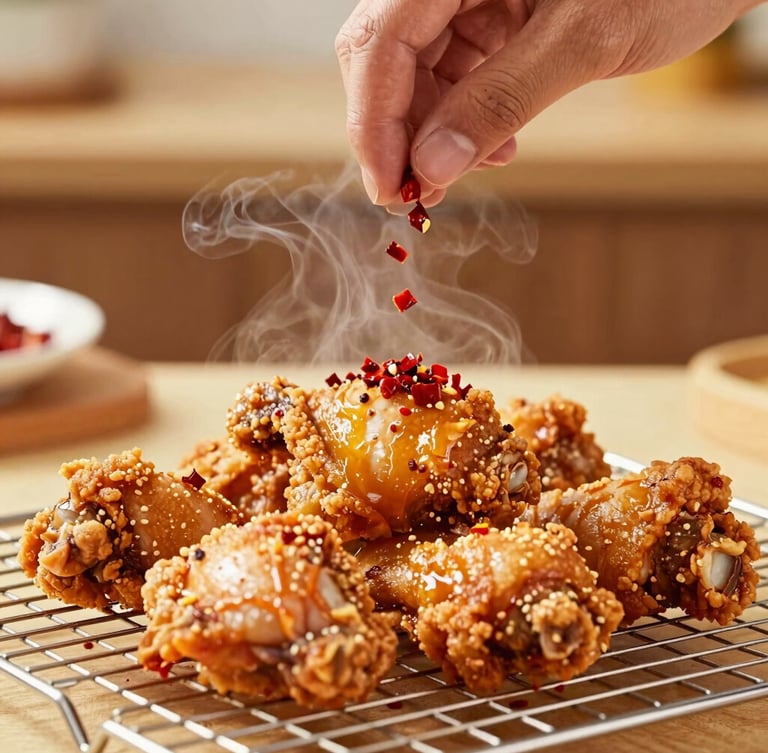 A chef's hand sprinkling fresh red chili flakes onto freshly fried golden-brown chicken thighs on a metal cooling rack, steam rising, warm kitchen background