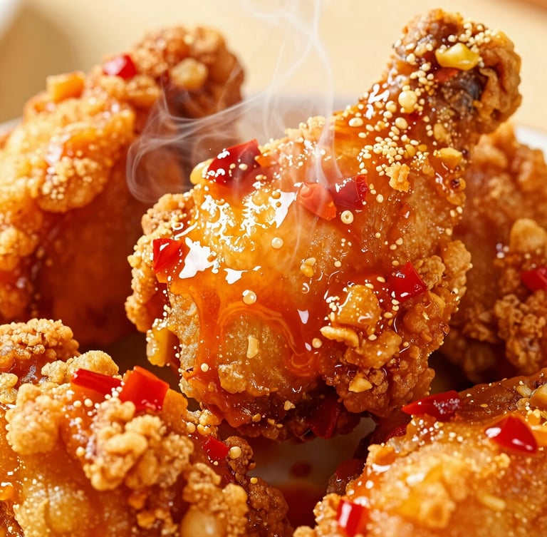 Extreme close-up macro shot of freshly fried chicken showing crispy golden-brown skin, glistening chili oil, and steam rising, warm high-contrast lighting