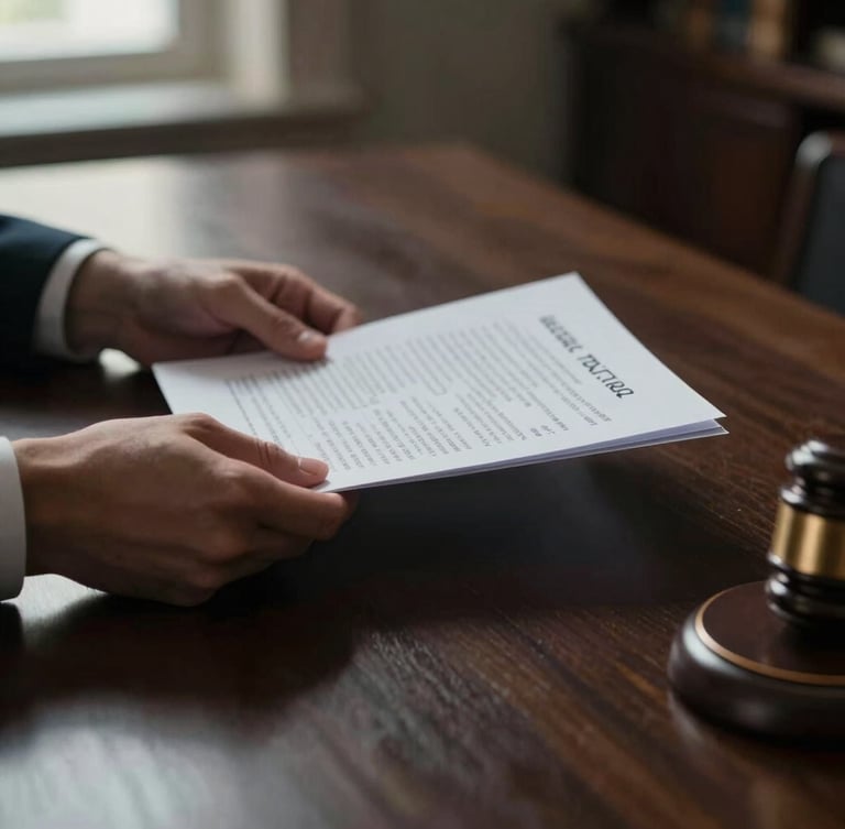 Cinematic editorial photography of hands reviewing official legal documents on a dark wooden desk, soft side light, shallow depth of field, warm bronze accents, 50mm lens