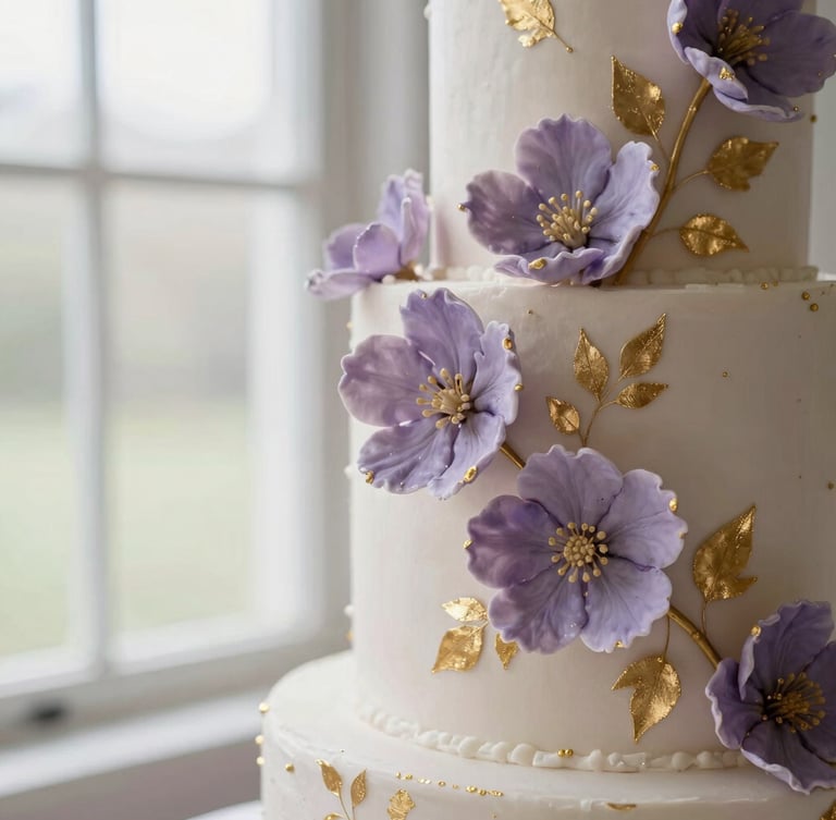 Elegant close-up of a multi-tiered luxury wedding cake decorated with delicate handmade sugar flowers in soft lavender and brushed gold leaf, soft natural window light, shallow depth of field.