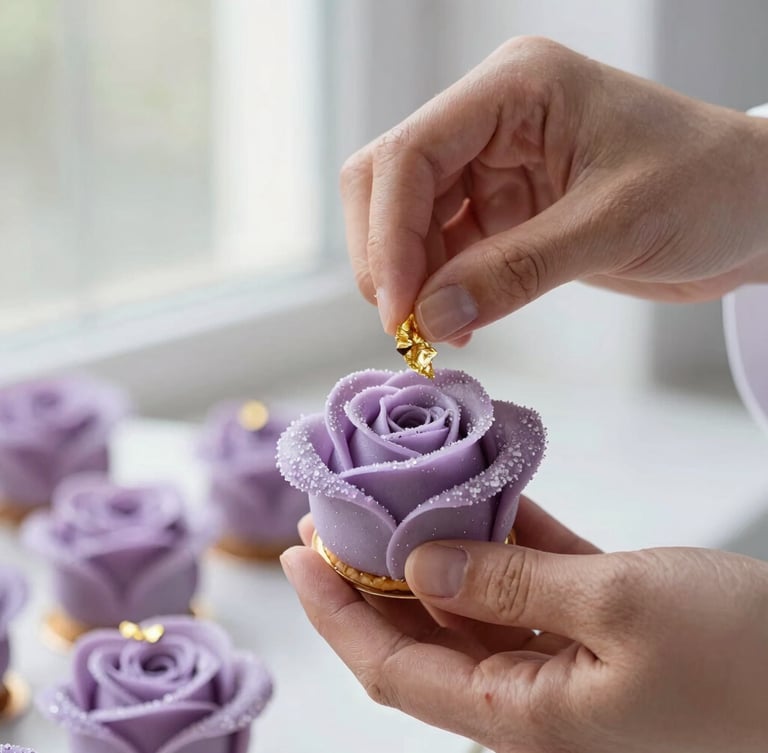 Macro editorial food photography of a pastry chef's hands delicately applying edible gold leaf to a lavender sugar rose, soft natural window lighting, shallow depth of field