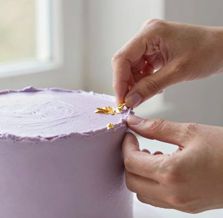 Close-up editorial food photography of artisan hands delicately applying fine gold leaf to a soft lavender frosted cake tier, warm natural light, 85mm lens