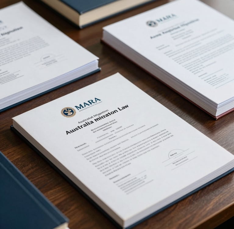 A close-up of structured Australian migration law books and official MARA certificates on a dark timber desk, soft side lighting, professional and scholarly atmosphere