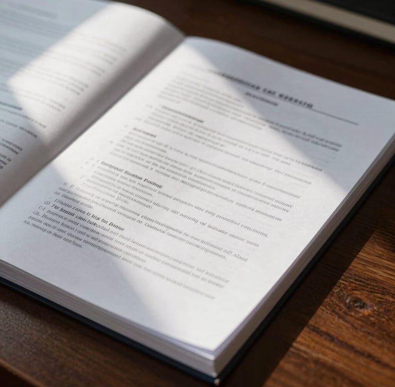 Close-up of structured legal documents and case files on a dark oak desk, bright natural daylight streaming across the pages, conveying transparency and rigorous legal preparation.