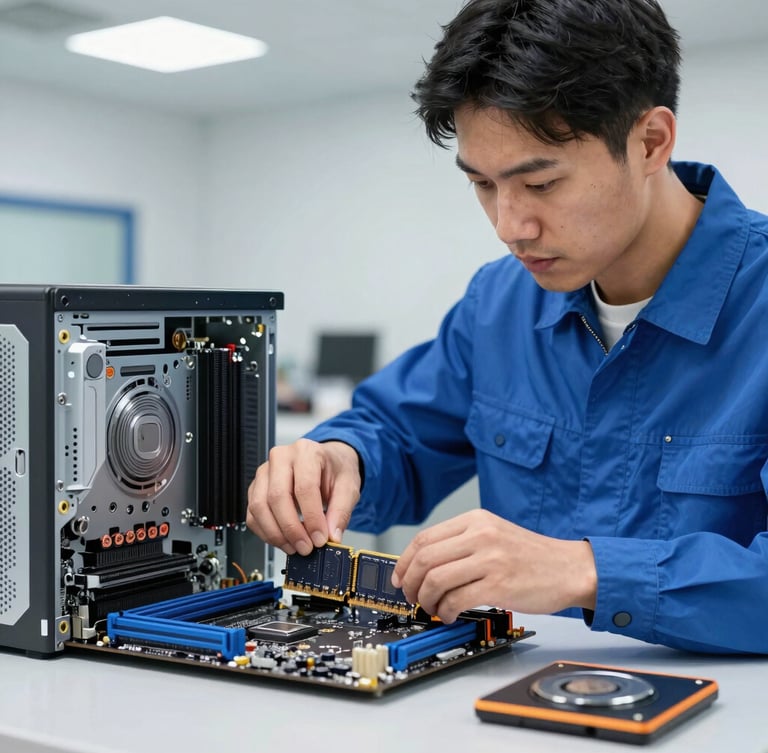 A technician in a blue work shirt carefully installing RAM into a desktop motherboard, crisp overhead workshop lighting, shallow depth of field.