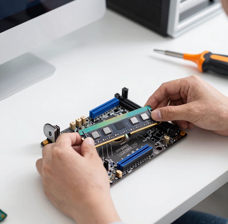 A crisp, close-up photograph of a clean, well-organized computer repair workbench. Hands in the frame carefully installing a stick of RAM into a motherboard under bright, focused studio lighting with subtle blue and orange tool accents.