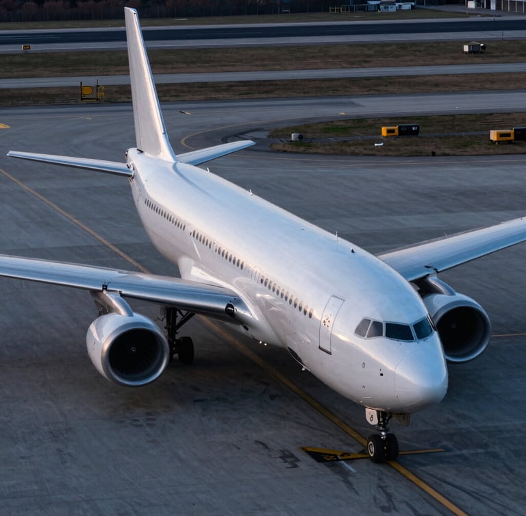 High-angle clean cargo aircraft on the tarmac, crisp cool twilight lighting with metallic silver reflections, wide environmental crop.