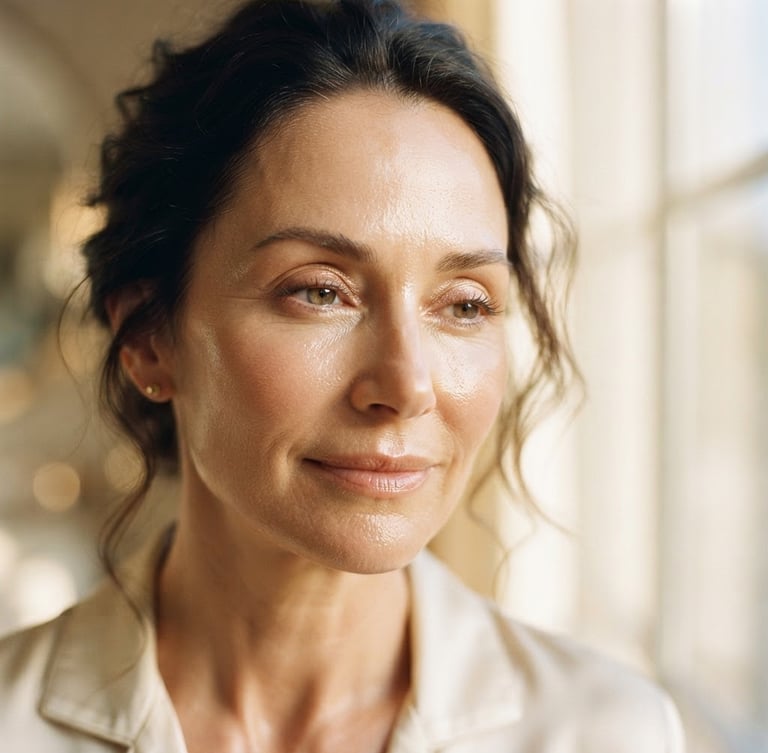 Close-up portrait of a woman's dewy skin, soft-focus, showing real texture, bathed in warm golden-hour window light, elegant and serene, shallow depth of field, 35mm, high-fashion editorial spa luxury.