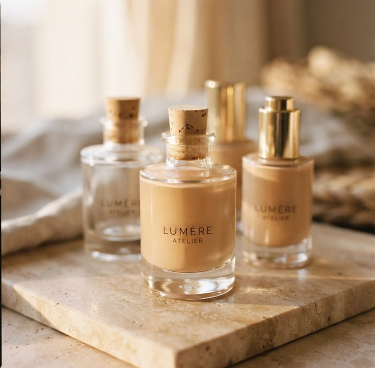 Soft-focus close-up of elegant glass bottles of LUMÈRE ATELIER makeup resting on a smooth, warm natural stone surface, bathed in diffused golden-hour window light, shallow depth of field.