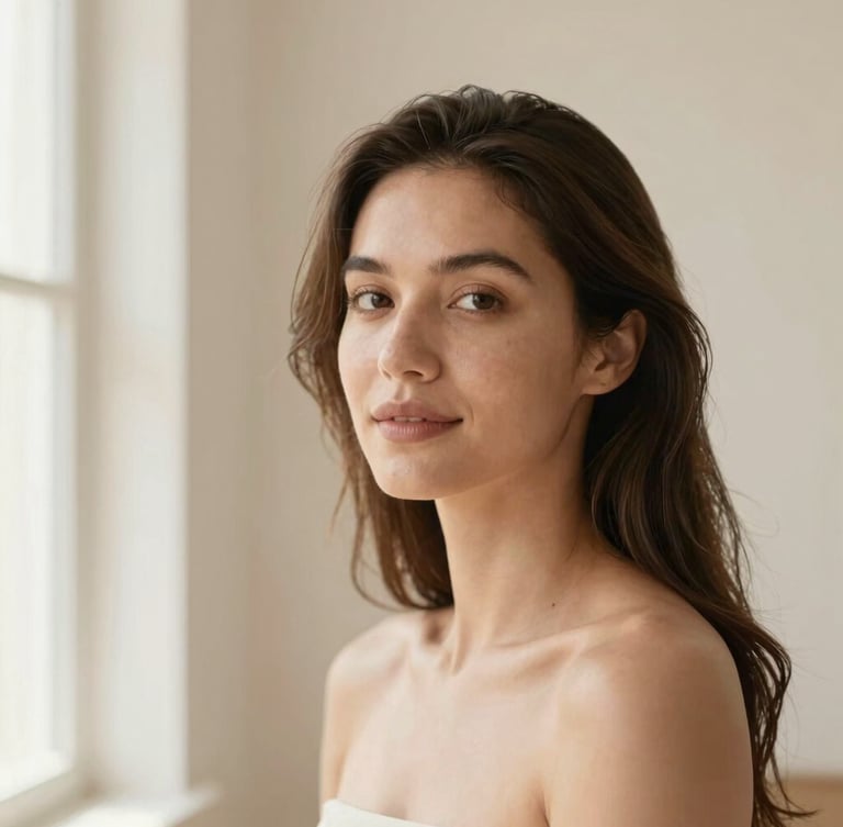 A warm professional portrait of a woman with healthy glowing skin and natural hair, soft daylight from a window, clean minimalist cream background, 35mm photography