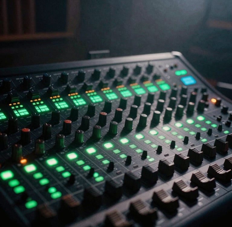 Gritty close-up of a music mixing console with glowing green level meters in a dark studio, atmospheric haze