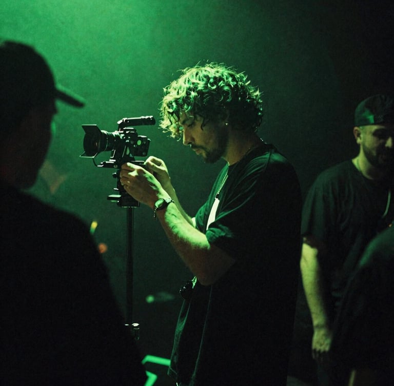 Gritty backstage photography, low-key neon green stage lighting, artist preparing in the shadows with 35mm film grain, atmospheric.