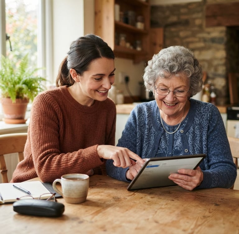 Friendly female tutor patiently guiding a senior woman on a tablet at a bright kitchen table, warm natural light, shallow depth of field, 35mm