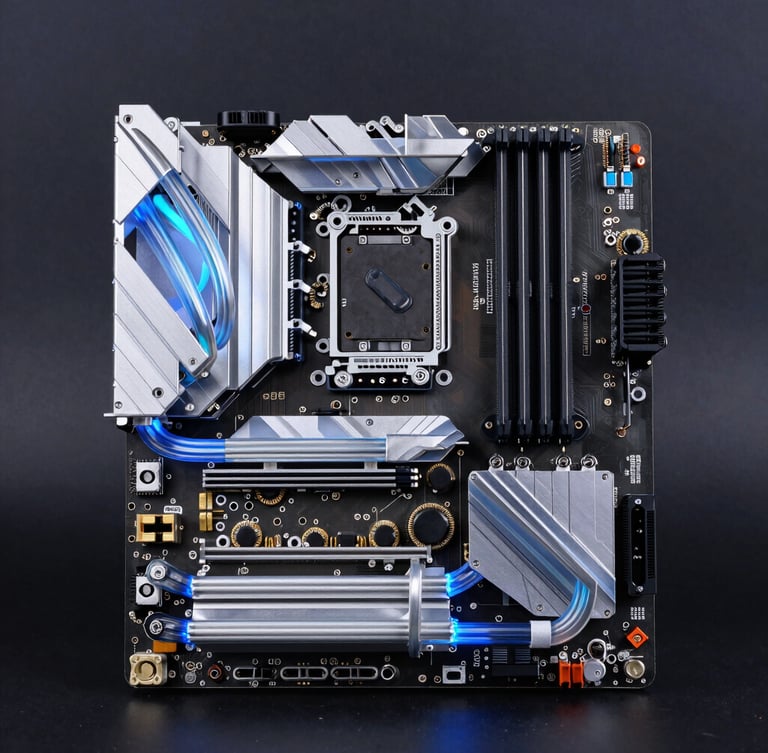 Straight-on macro shot of a custom liquid-cooled motherboard, glowing cool-toned blue coolant running through clear acrylic tubes, silver heat sinks, dark charcoal background, sharp focus.