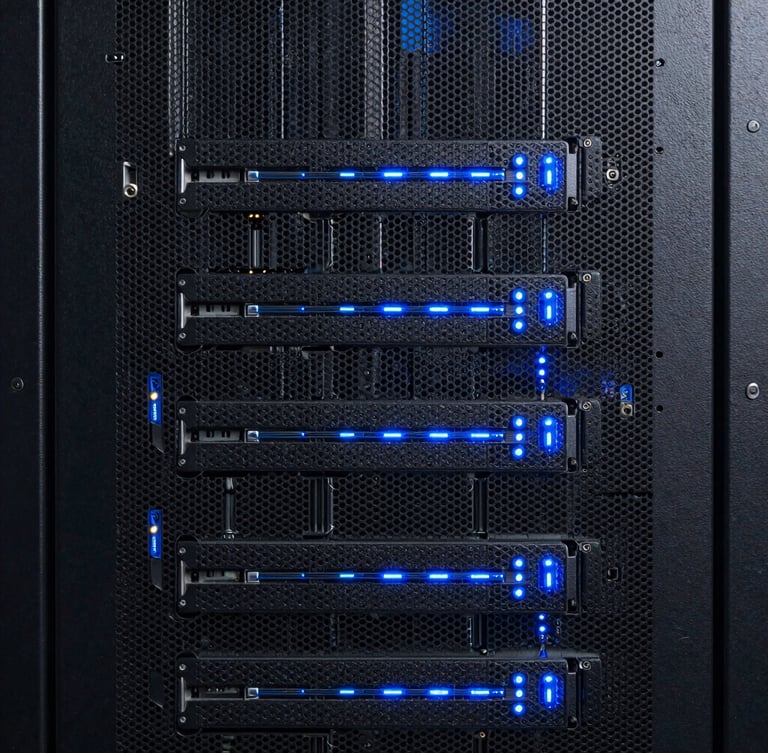 Straight-on architectural macro shot of a pristine server rack, cool-toned dark charcoal chassis with sharp electric blue LED status indicators, clean vertical lines.