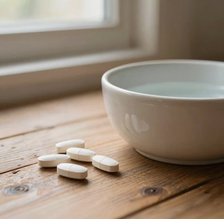 A close-up of natural joint supplements next to a ceramic water bowl on a rustic wooden floor, soft warm morning light, shallow depth of field, 35mm
