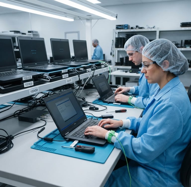 Technicians in ESD gear configuring enterprise laptops on a clean, bright workbench, asset tags visible, cool-toned studio lighting, sharp focus, 35mm