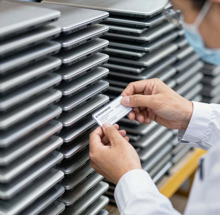 Close-up of a technician's hands in ESD gear scanning an asset tag on a neatly stacked enterprise laptop, high-key warehouse lighting, sharp focus, 35mm