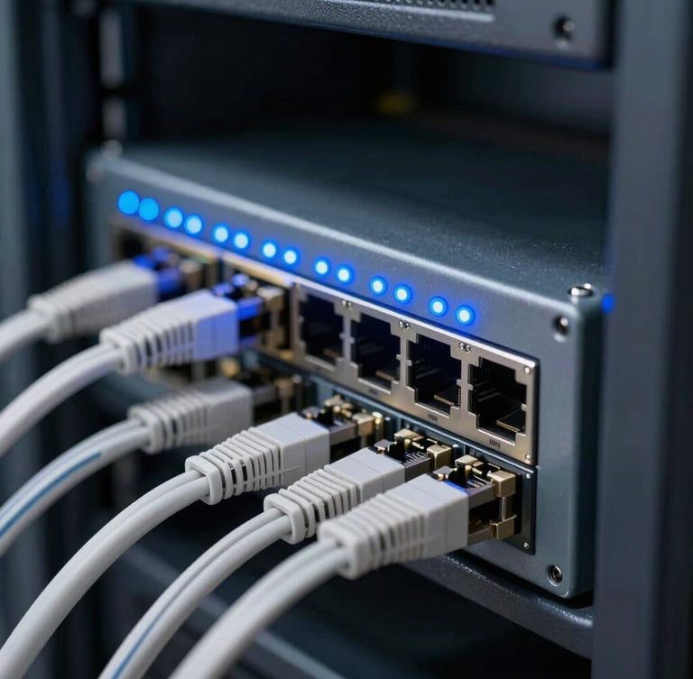 Close-up of enterprise network switch with glowing blue LED status lights, clean Cat6 cabling, dark server rack environment.