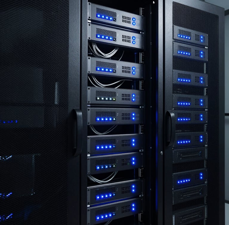 Low-light vertical view of a high-security server room, glowing electric blue status LEDs on pristine server racks, immaculate cable management, high-contrast shadows.
