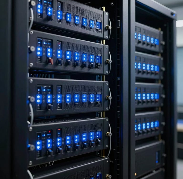 Low-light close-up of immaculate enterprise server racks glowing with cool blue LED indicators, sharp focus on structured cabling.