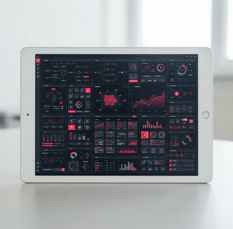 Straight-on macro shot of a sleek dark-mode UI web interface on a white device screen, clean grid lines, sharp crimson highlights, bright natural studio light