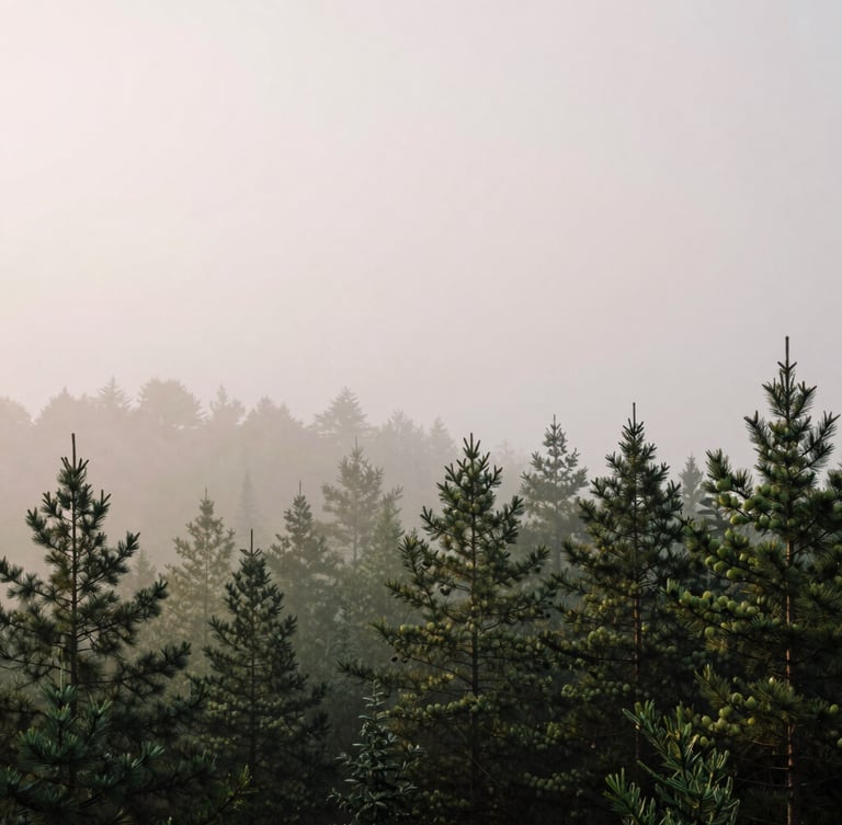 Misty pine forest at dawn, soft diffused light, morning fog, muted forest green tones, minimalist composition, 35mm photography