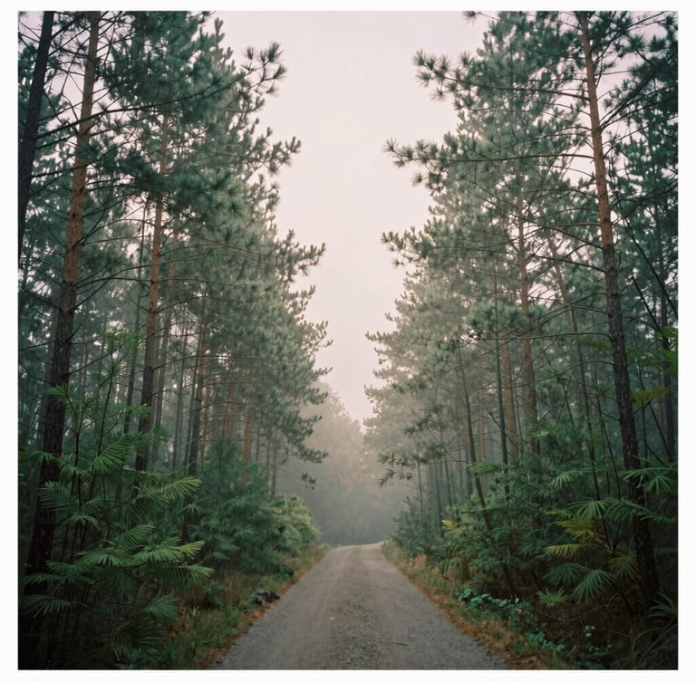 Misty forest path with towering pine trees in soft morning fog, diffused overcast daylight, muted forest green and pastel tones, minimalist composition, 35mm