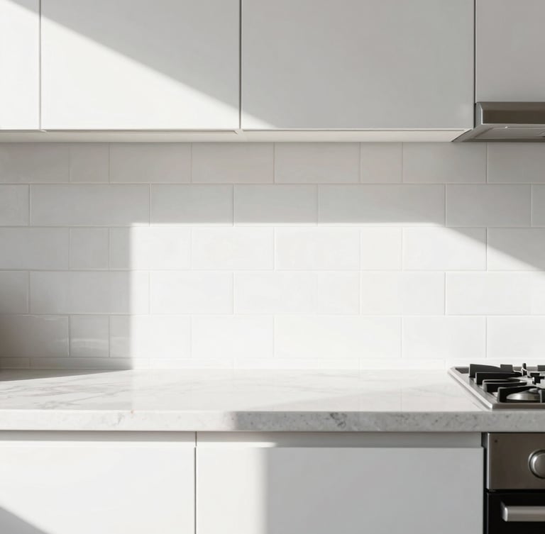 Sharp architectural photography of a modern kitchen remodel in San Diego, bright natural daylight, clean tile lines, high-contrast crisp details, 35mm lens