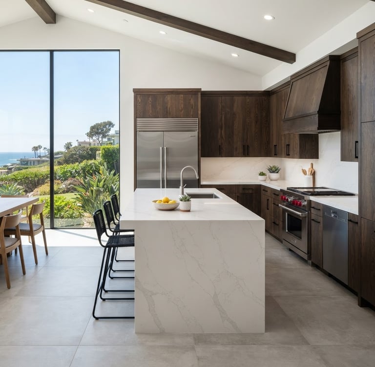 Sharp architectural photography of a modern luxury kitchen remodel in La Jolla, bright natural daylight, white quartz countertops, custom dark oak cabinets, crisp miter joints, 35mm lens.