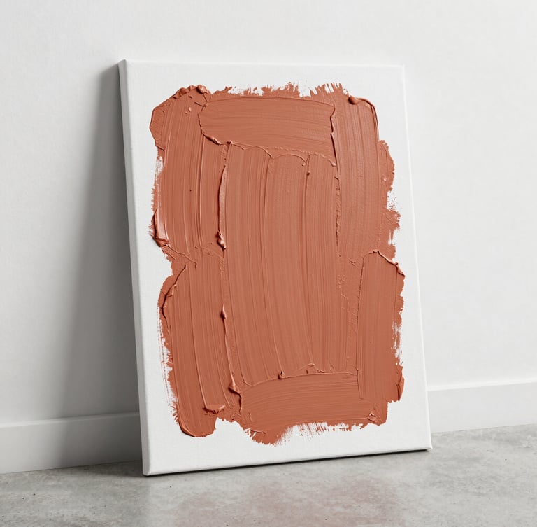 Crisp editorial portrait of a physical canvas with thick textured terracotta paint strokes resting on a clean concrete surface, natural side lighting, 35mm