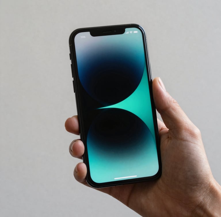 Close-up of a hand holding a smartphone showing a beautiful, high-contrast dark mode app interface with vibrant turquoise details, soft natural daylight, 35mm