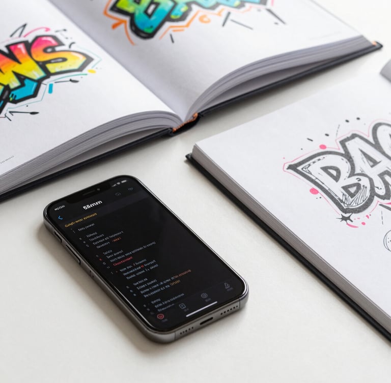 Close-up of a designer's desk with open art books showing colorful graffiti sketches alongside a modern smartphone displaying clean code interfaces, sharp focus, 35mm