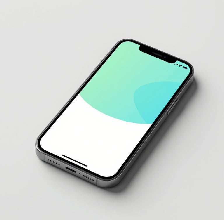 A crisp flat-lay of a modern smartphone displaying a clean mobile app interface with mint green and turquoise accents, sharp studio lighting, neutral background, 35mm
