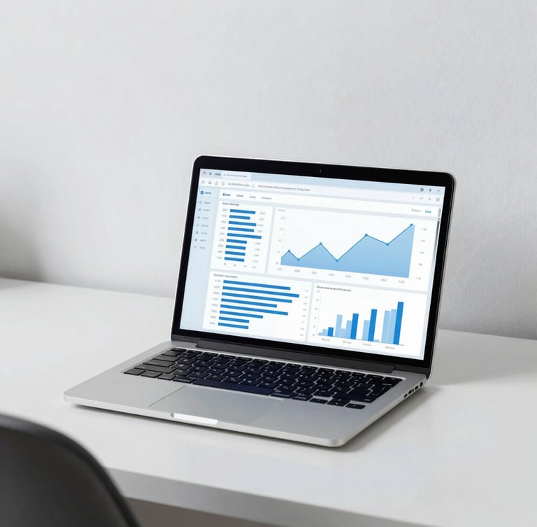 Over-the-shoulder shot of a clean minimalist workspace during cool daylight, a laptop screen displaying structured sales analytics and graphs with a subtle blue glow, sharp focus, 35mm lens