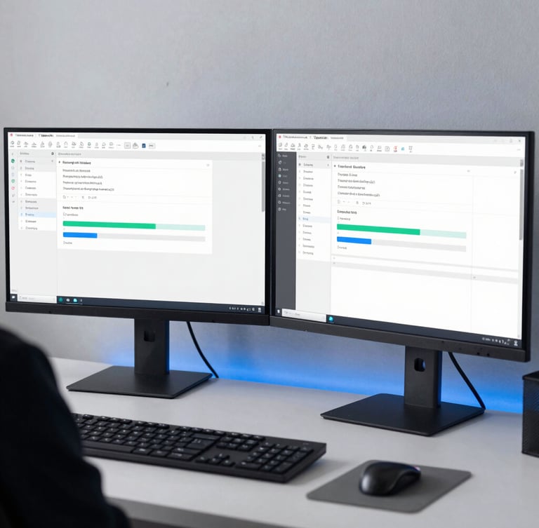 modern tech photography, cool daylight, over-the-shoulder shot of a dual-monitor setup showing clean software analytics, sharp focus