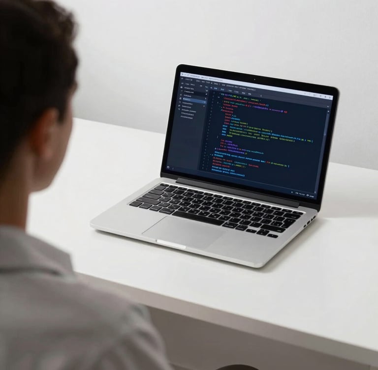 Over-the-shoulder shot of a clean minimalist desk with a laptop displaying code and analytics, cool daylight with subtle blue screen-glow, sharp focus, 35mm lens