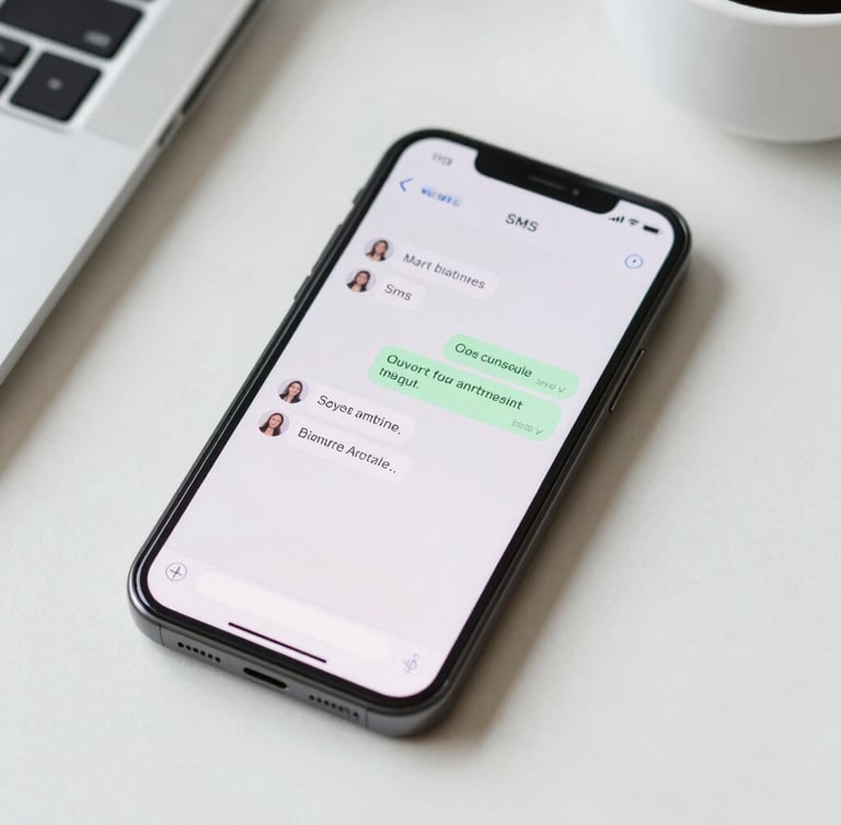 Close-up shot of a smartphone screen displaying an automated SMS conversation with a customer, bright daylight, minimal modern desk background.