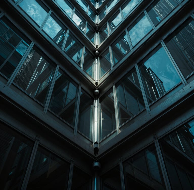 Dramatic low-angle portrait of a steel-and-glass architectural joint, cool cyan ambient light cutting through deep shadows, ultra-sharp details.